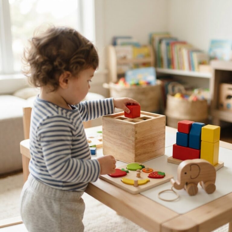 פעוט עם חולצת פסים משחק בקוביות עץ ומשחקי התאמה על שולחן בחדר ילדים מואר